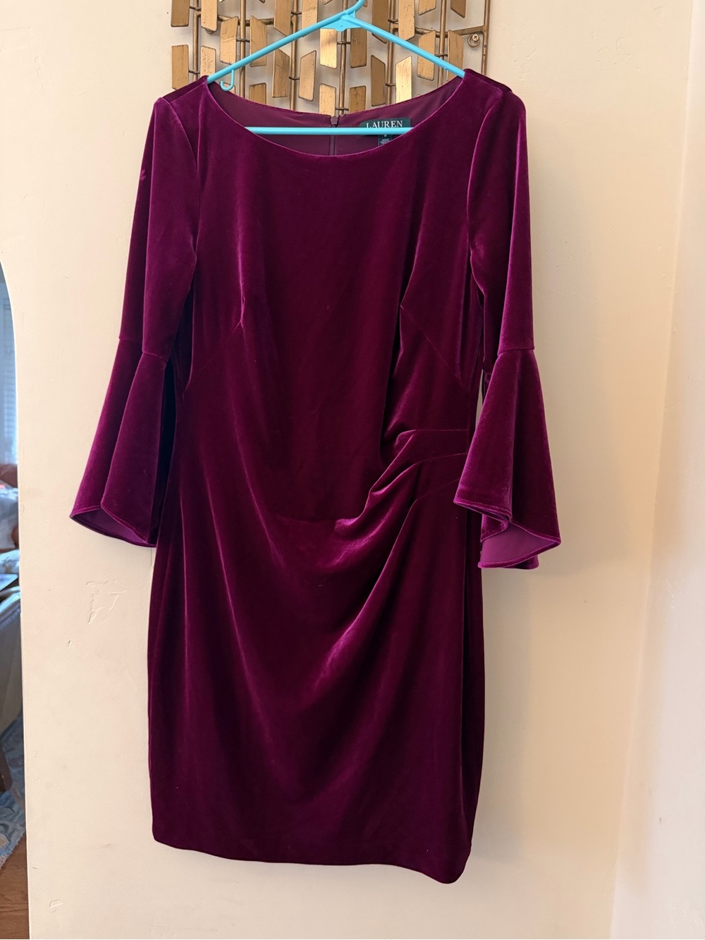 Ralph Lauren Velvet Bell-Sleeve Dress in Deep Pink